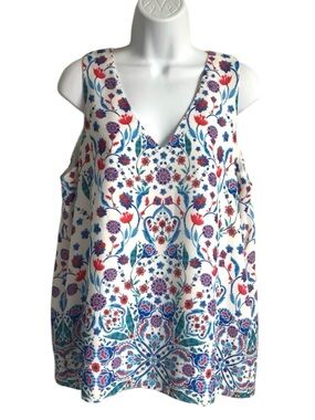 🔴 4/$15 Adrienne Vittadini Women’s L White Red Blue Floral V-Neck Tank Top EUC